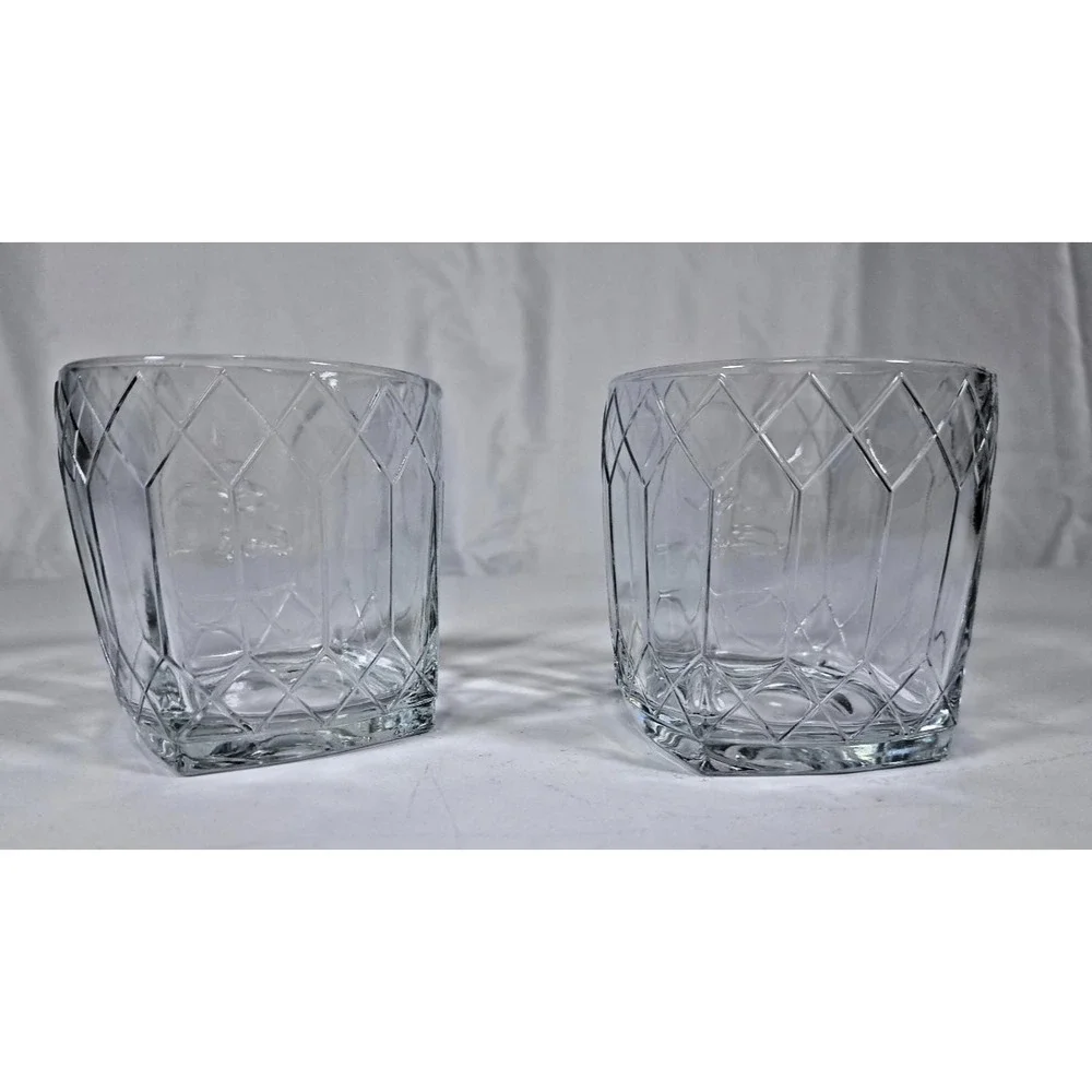 Set 2 Crown Royal Whiskey Lowball Glass Diamond Patern Embossed Logo 3-1/4